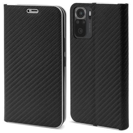 Moozy Wallet Case för Xiaomi Redmi Note 10 - Note 10S, Carbon Black - Flip-fodral med metallkant