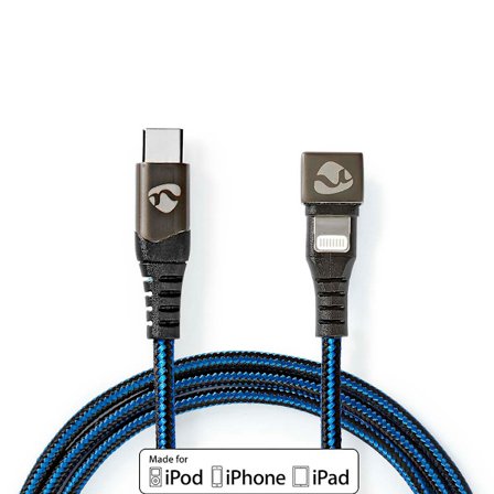 USB-kabel | USB 2.0 | Apple Lightning 8-pin | USB-C Han | 60 W | 480 Mbps | Nikkelplateret | 1.00 m | Runde | Flettet / Nylon | Blå / Sort | Cover Wi