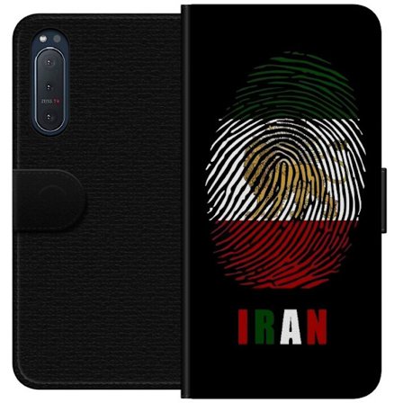 Kompatibelt Lommeboketui til Sony Xperia 5 II Fingeravtrykkformat som Irans flagg med løvemotiv på svart dramatisk bakgrunn