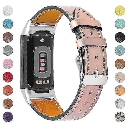 Premium Äkta Läder Justerbart Armband för Fitbit Charge 6/5 - Perfekt Rosa Guld