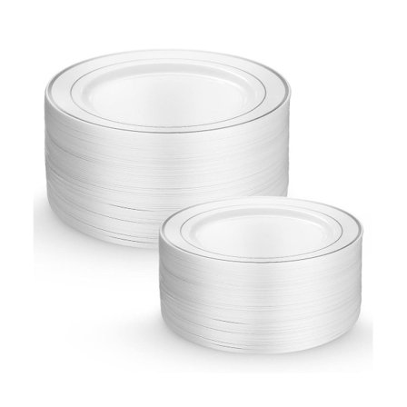 Hvid Plastiktallerken med Sølvkant, Spisetallerken og Dessert/Forret Tallerken - Elegant Premium Robust Serveringstallerken