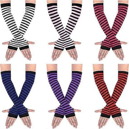 6 Par Stribede Armvarmere Lange Fingerløse Handsker til Kvinder, Strikkede Armvarmere med Tommelfingerhul, Strækbare Handsker