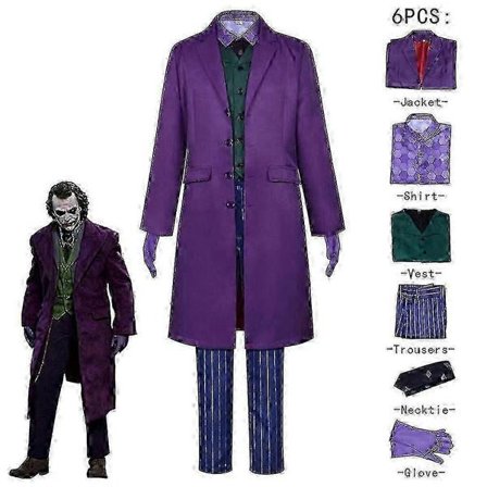 Laadukas Heath Ledger Cosplay -asu Halloween miesten elokuva The Dark Knight Joker -puku violetti takki täydet setit V