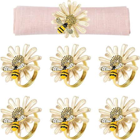 Daisy Sunflower Servettringar Set om 6, Guld Bi Servettringshållare för Formell eller Avslappnad Matbord Dekoration