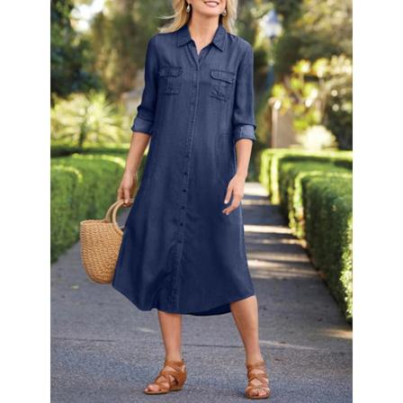 Dam Denim Lapel Shirt Klänning Sommar Elegant Långärmad Lös