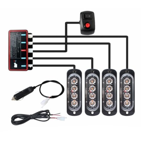 4 stk. 4LED Strobe Lights 12V Strobe Light i 1 Bil Nød Blinkende Beacon (Rødt Lys)