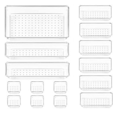 15 stk gjennomsiktig plast skuffesorteringssett 4 størrelser flerbruks bad og forfengelighet skuffesorteringsbrett oppbevaringsbeholdere