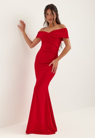 Bubbleroom Occasion - Off Shoulder Pleat Maxi Dress - Red