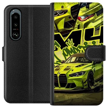 Kompatibelt Lommeboketui til Sony Xperia 5 III Bluey-familien i lykkelig tegneseriestil med blomstrende bakgrunn og leken fargepalett