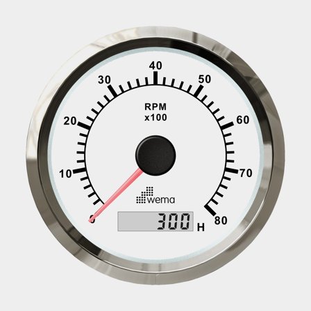 Wema varvräknare 8000 varv med timräknare vit Silverline för marin miljö i rostfritt stål och reptåligt glas