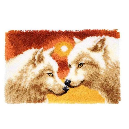 DIY Låhekrok Teppesett for Barn Voksne, Heklesett for Nybegynnere, Teppelagesett med Trykt Lerret, Hvit Ulv