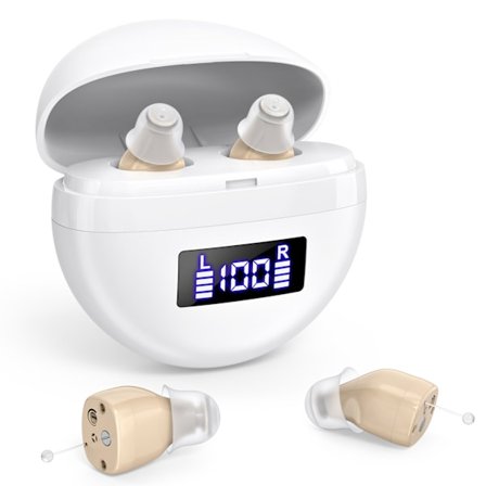 Digitaaliset kuulolaitteet vanhuksille, kannettavalla valkoisella latauskotelolla (ihonväriset kuulokkeet)