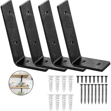 4 kpl Raskaan sarjan L-hyllykannatin - L 6" x K 4" x L 1,5", 1/4" paksu, Metalliset rustiikkimustat kelluvat hyllynkannattimet sisältävät 