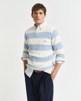 GANT - Stripet kabelstrikket genser med rund hals til herre fresh blue