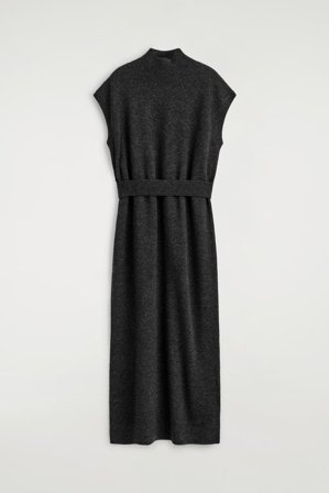 COS Belt-Detail Merino Wool Funnel-Neck Dress in Black - Women