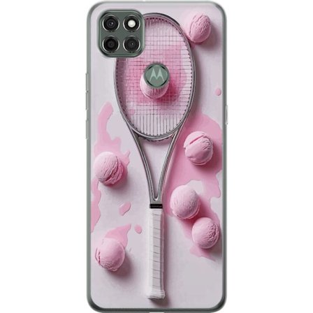Kompatibel Mobilcover til Motorola Motorola Moto G9 Power Rosa glaskugler og tennisketsjer i et kreativt stillbillede med legende popfølelse og moder