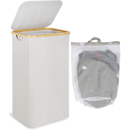 Vasketøjskurv Stor Vasketøjskurv med låg, 100L Stor Vasketøjskurv med Bambushåndtag til Tøj, XXL Sammenklappelig Vasketøjskurv med Beige Inderpose