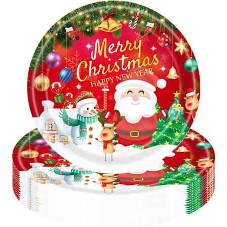 24 stk. julebordspapirtallerkener 18 cm, God jul servisedekor Julenissen Snømann Elg mønster Engangspapirtallerken