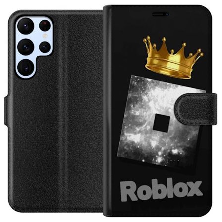 Kompatibelt Lommeboketui til Samsung Samsung Galaxy S24 Ultra Minimalistisk svart og sølvfarget Roblox-symbol med gylden krone og luksuriøs gamer-es