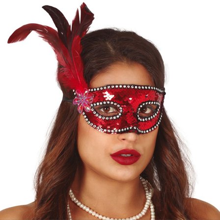 Rød Halvmaske med Paljetter & Fjær