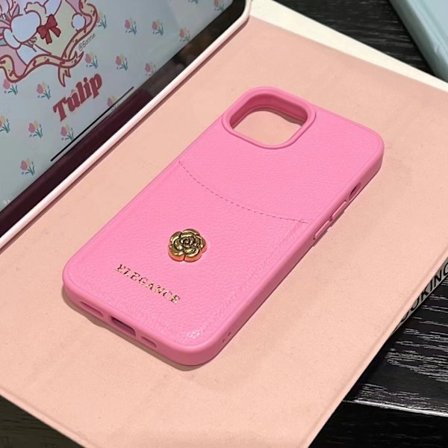 Kotelo iPhone 15:lle, nahkaa, korttipaikka, kamelia vaaleanpunainen, japanilainen ja korealainen täysi paketti, englanninkielinen