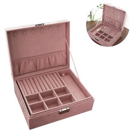 Smykkeæske til kvinder, 2 lag, stor, aflåselig, til udstilling af smykker