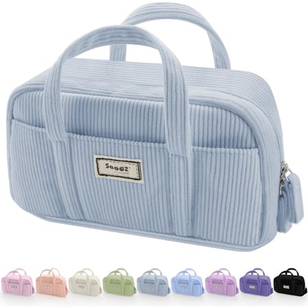 Stor pennfodralväska, extra stor pennväska med 5 fack, pennväska med bred öppning, mjuk manchester pennfodral arrangör med dragkedja-blå