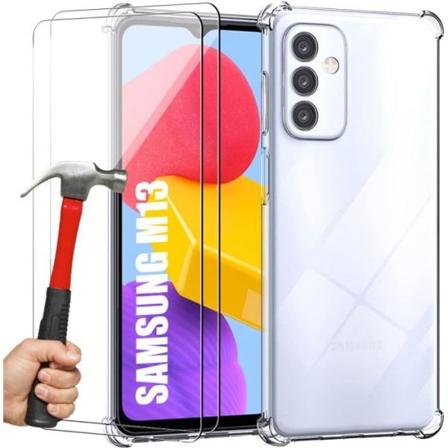 Etui til Samsung M13 og 2 hærdede briller, beskyttelsespakke 4 forstærkede silikonehjørner Transparent