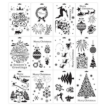 12 stk. Multifunktionelt Julemaleri PET Stencil Sæt Personlig DIY Graffiti Skabelon Sæt Anti-ridse Vaskbar