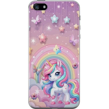 Kompatibel Mobilcover til Apple iPhone 5 Magisk enhjørning med regnbue manke, stjerner og sommerfugle mod en pastelfarvet himmel med skyer