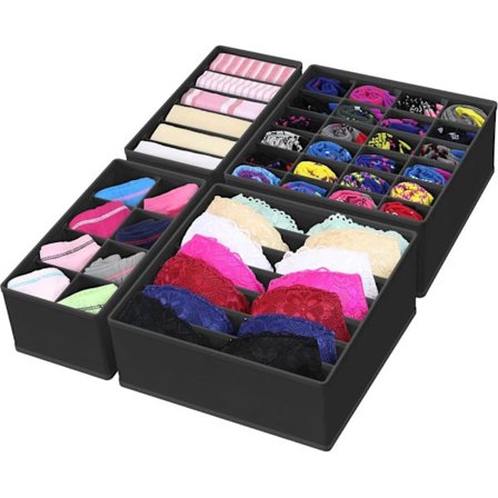 4-pack tygförvaringslådor i nonwoven – organiseringslådor för garderob med fack för strumpor, underkläder och BH – svart tygdesign_OF