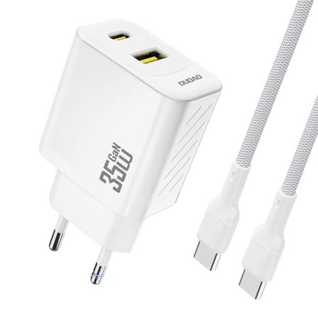 Dudao 35W GaN-seinälaturi USB-C-, USB-A- ja USB-C-kaapelilla – valkoinen
