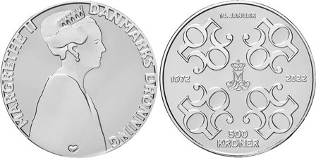 Danmark 2022 - Dronningens 50-års Regeringsjubilæum - 500 kr. sølvmønt