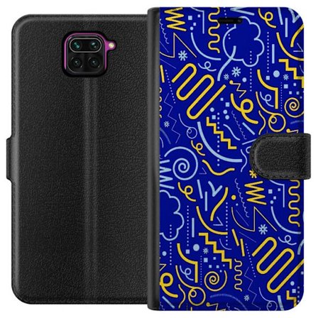 Yhteensopiva Lompakkokotelo Xiaomi Redmi Note 9 Abstrakti graafinen kuvio, jossa on viivoja, muotoja ja symboleita keltaisessa ja vaaleansinisessä