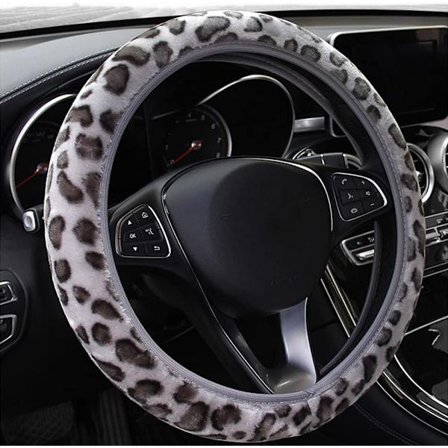 Leopardmønstret ratttrekk til bil, universell grått plysj ratttrekk, vintervarm anti-skli ratt