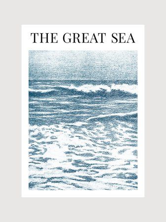 Poster med illustration av havet i blått och svart text | Kunstary.com, 70x100 cm