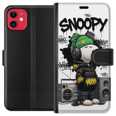 Kompatibel Tegnebogsetui til Apple iPhone 11 Snoopy i gadebeklædning med hovedtelefoner, graffiti stil og et stort smil, mens han står ved siden af bo