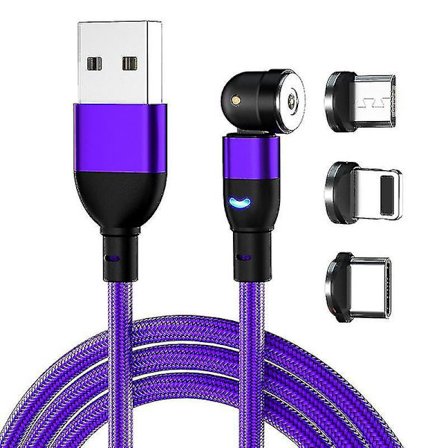 Magnetisk opladningskabel (1m/2m/3m), 540 graders roterende magnetisk telefonopladerkabel, 3 i 1 nylonflettet magnetisk USB-kabel til type C, Micro 