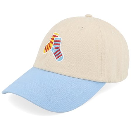 Iconic - Beige unconstructed Cap - Rock Your Socks Logo Washed Stone/Light Blue @ Hatstore