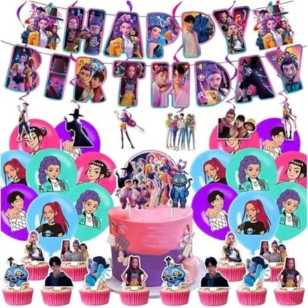 K-pop Demon Hunters Fødselsdagsfest Dekorationer Figur Printet Kage Topper Cupcake Toppers Banner Balloner Fest Dekorationer Forsyninger til Børn Fans