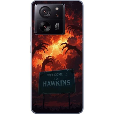 Kompatibel Mobilcover til Xiaomi 13T Mørk apokalyptisk fantasy scene med brændende himmel og Hawkins-skilt i Stranger Things-stil