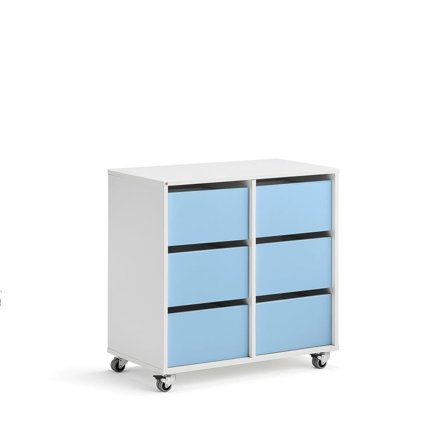 Elevförvaring CASPER, 6 lådor, hjul, vit, himmelsblå