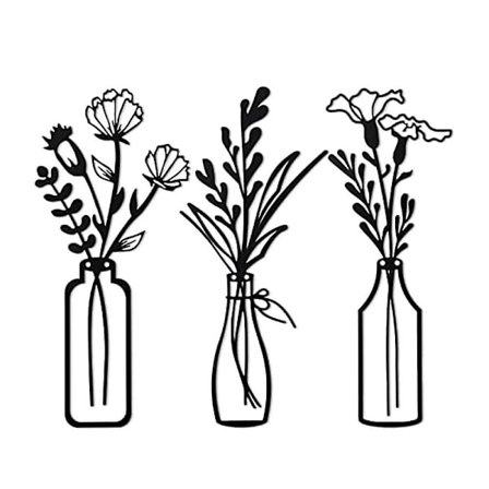 3 Delar Metall Vas Blommor Väggkonst Minimalistisk Växt Väggdekor, Metall Väggkonst Svart Blomma Naturliga Väggdekorationer