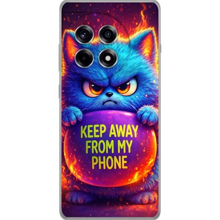 Kompatibelt Mobildeksel til OnePlus OnePlus 12R Sinna lodne blå katt med teksten "Hold deg unna telefonen min" i neonfarger og ildlignende effekter,
