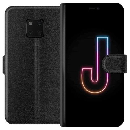 Yhteensopiva Lompakkokotelo Huawei Huawei Mate 20 Pro Minimaalinen neonkirjain J värien vaihtuessa valossa mustaa taustaa vasten