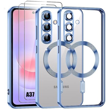 Cover til Samsung Galaxy A37 5G, Silikone med Magnetisk Cirkel - Blå - 2 Hærdede Glas