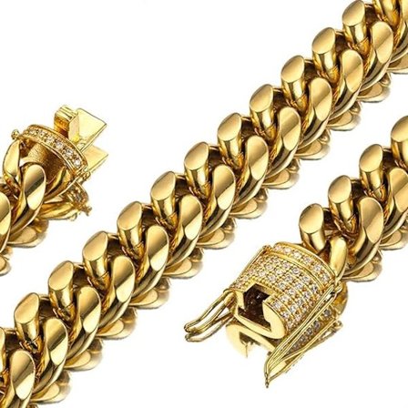 Herre Miami Cuban Link Kjede 18K Gull 15mm Rustfritt Stål Curb Ne