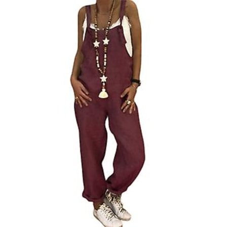 Damernas Våren & Sommaren Casual Lösa Långa Bib Byxor Jumpsuits Baggy Bomull Linne Look Rompers Overalls Byxor Plus Size (XL Vinröd)