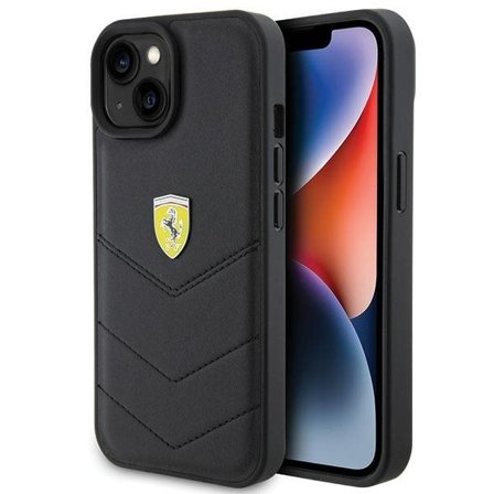 Ferrari Quiltet metall logo etui for iPhone 15 - svart