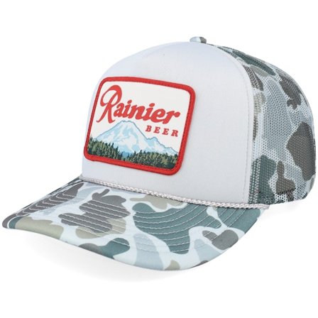 American Needle - Grå trucker Caps - Mallard Foamy Rainier Beer Grey/White/Camo A-Frame Trucker @ Hatstore